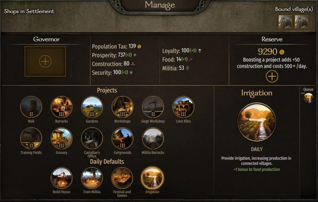 bannerlord manage settlement screen